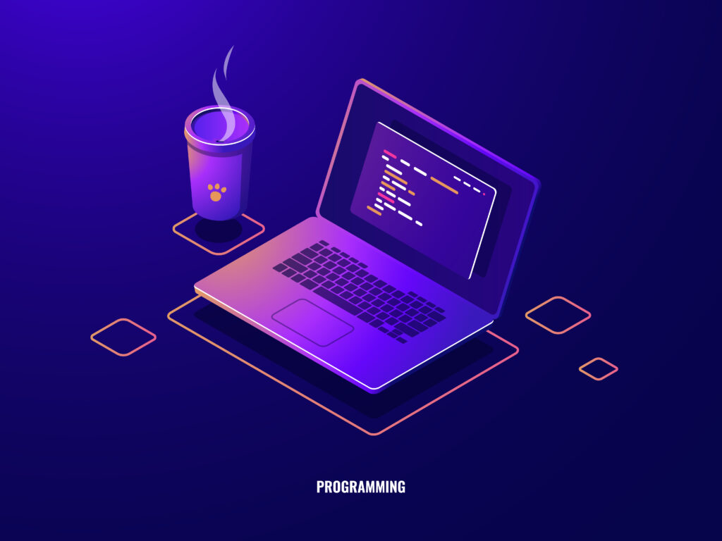  Laptop and coffee cup, isometric illustration, for programming
